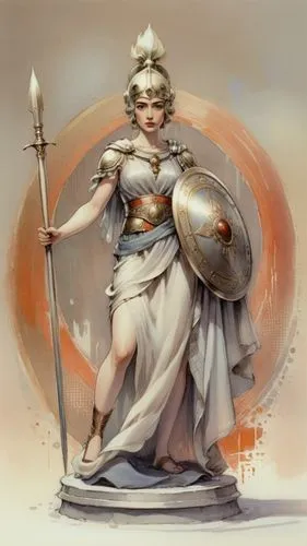 greek woman, short hair, big lips, big eyes, goddess athena, thick silk fabric, shield, spear,paper based drawing 29, Athena,hippolyta,penthesilea,lady justice,gandhari,kushana,female warrior,Illustra