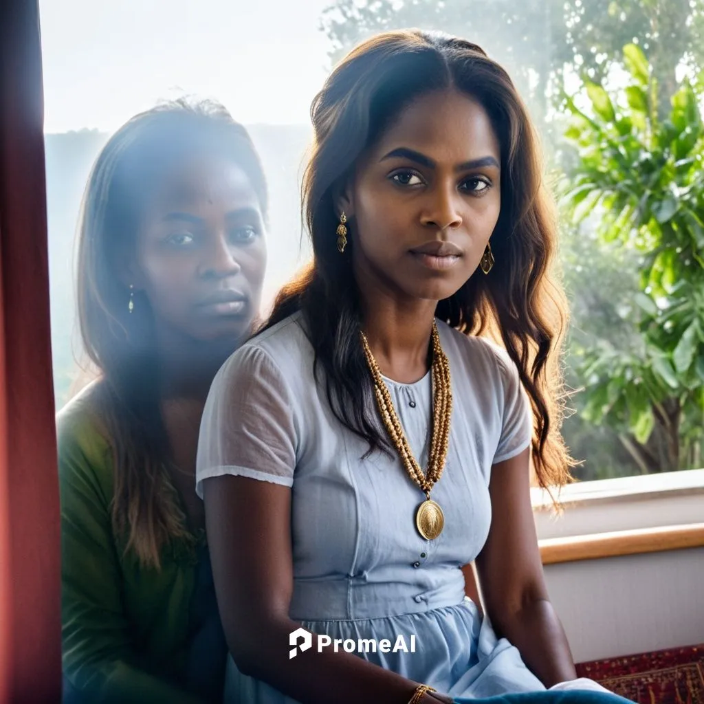 Auf dem Bild sind zwei ältere afrikanische Frauen in weißen Kleidern zu sehen. Sie haben langes, gewelltes Haar und tragen beide goldene Halsketten. Auf dem Medaillon ist das Bild eines Busch-Häuptlin