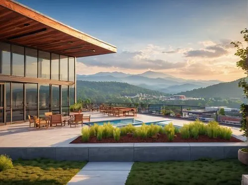 Asheville NC, modern architectural design, sleek lines, large windows, minimalist interior, wooden accents, polished concrete floors, industrial-chic lighting fixtures, green roof, rooftop garden, urb