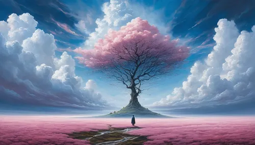 isolated tree,lone tree,cherry blossom tree,blossom tree,sakura tree,flourishing tree,painted tree,magnolia tree,magic tree,fantasy picture,lilac tree,surrealism,magnolia,fantasy landscape,flower tree,blooming tree,magnolia trees,薄雲,sakura trees,blooming field,Photography,General,Natural