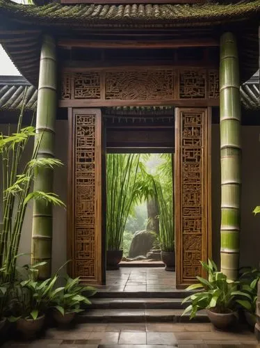 asian architecture,garden door,philodendrons,doorways,entranceways,dojo,archways,japanese garden ornament,bamboo plants,doorway,teahouse,buddhist temple,tropical house,temples,bamboo curtain,wooden door,bamboo forest,javanese traditional house,oriental,sanctum,Art,Artistic Painting,Artistic Painting 45