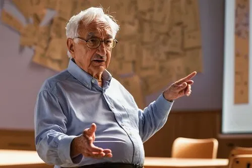 Masterclass, Frank Gehry, teaches design and architecture, mature male, gray hair, glasses, white shirt, black pants, standing, lecturing, gesturing, auditorium, wooden chairs, modern architecture mod