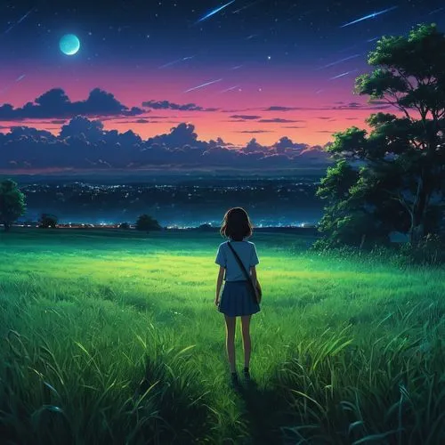 fireflies,landscape background,dream world,starry sky,moon and star background,night sky,ghibli,dreamscape,nightsky,the night sky,star sky,fantasy picture,tanabata,starlight,night stars,horizons,starbright,falling stars,studio ghibli,world digital painting,Photography,General,Fantasy