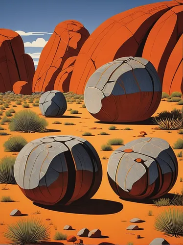 oil barrels,ayersrock,arid landscape,arid land,kegs,tank cars,futuristic landscape,stone desert,round bales,desert desert landscape,kayenta,mojave,round hut,desert landscape,big marbles,uluru,roof domes,metal tanks,anasazi,planet mars,Illustration,Vector,Vector 13