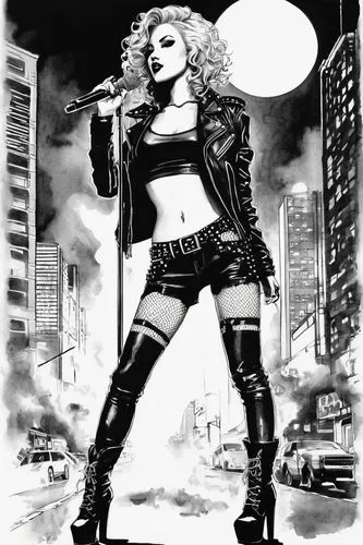 black widow,birds of prey-night,femme fatale,madonna,comic style,lady rocks,street dancer,super heroine,bad girl,black city,barb wire,street dance,girl with a gun,rocker,harley,lady honor,hard woman,birds of prey,pointing woman,slash,Illustration,Paper based,Paper Based 30