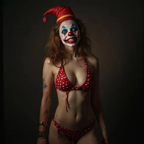 Portrait of a scarring clown with bikini,an attractive woman in a red lingerie and clown makeup,horror clown,creepy clown,scary clown,circus animal,bodypainting,harlequin