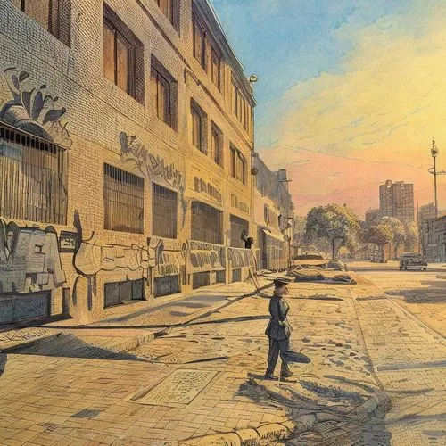 Make it look as if its hand-drawn as a sketch, including the shadows,a little boy standing on the corner of a street next to a building,caddesi,street scene,utrillo,old street,queler,varsavsky,Art ske