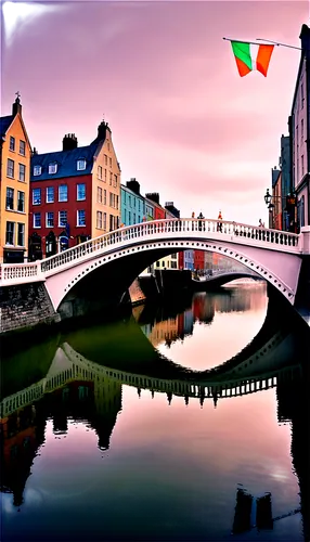 Dublin Ireland, Ha'penny Bridge, River Liffey, cityscape, old stone buildings, St. Patrick's Cathedral, Temple Bar, narrow cobblestone streets, vintage street lamps, morning mist, soft warm light, 3/4