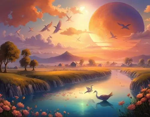 geese are swimming through a river with birds flying in the sky,fantasy landscape,fantasy picture,fairy world,dreamscapes,dreamscape,landscape background,Illustration,Realistic Fantasy,Realistic Fanta