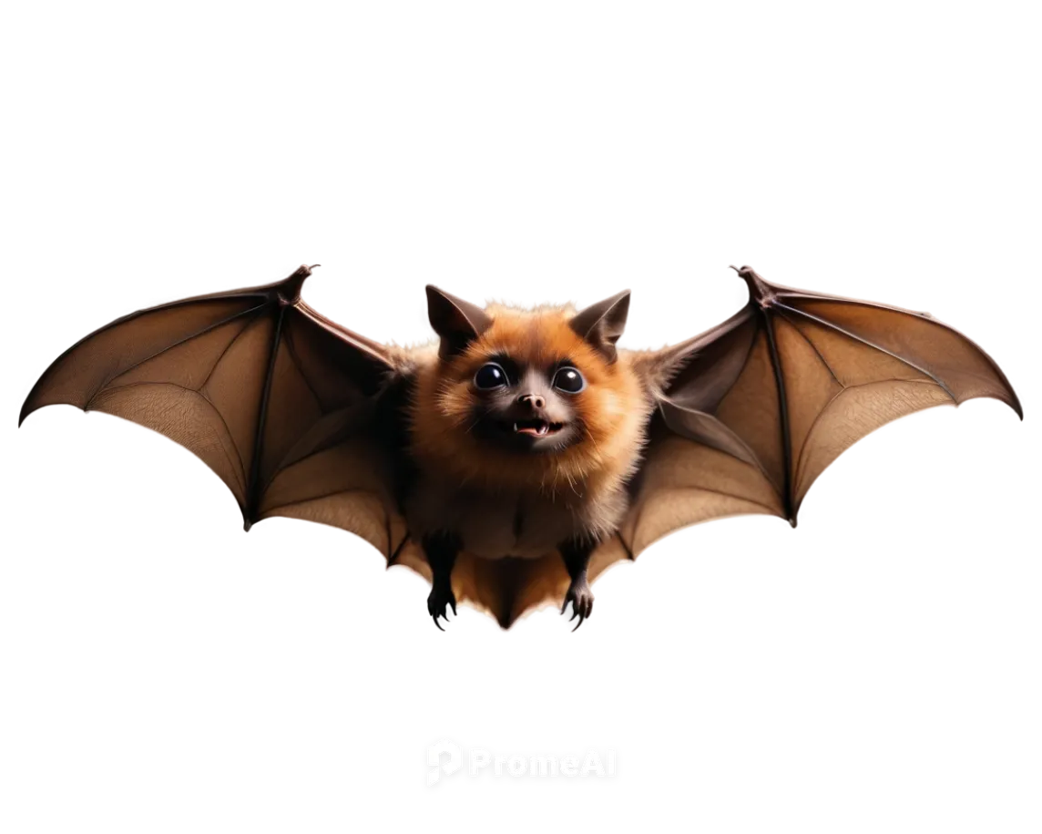 Dark brown bat, wings spread wide, hanging upside down, detailed fur texture, cute eyes, small nose, fangs showing, black background, spotlight shining, dramatic shadow, 3/4 composition, high contrast