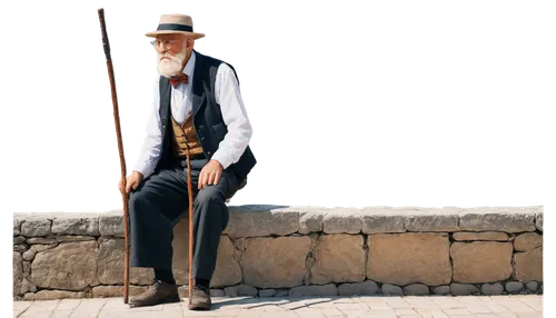 Old Azogue man, wrinkled face, white beard, glasses, traditional clothing, vest, hat, walking stick, sitting on stone bench, panoramic view, warm sunlight, soft focus, cinematic composition, natural c