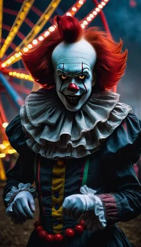 Pennywise, clown, laughing, sinister grin, pale skin, white face paint, red nose, colorful wig, oversized sleeves, ruffled collar, black gloves, eerie atmosphere, abandoned carnival, old Ferris wheel,