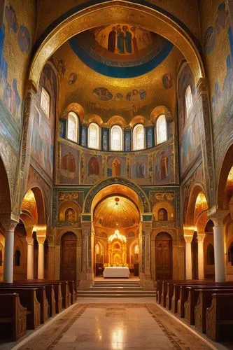 Eastern Orthodox church, Byzantine style, golden domes, intricate stone carvings, ornate frescoes, majestic entrance doors, colorful mosaic patterns, symmetrical composition, central nave, apse, altar