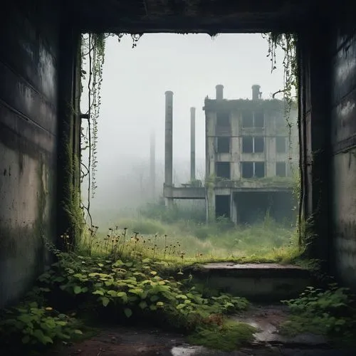 Abandoned industrial landscape, eco brutalist architecture, ruined concrete buildings, vines crawling up walls, rusty metal pipes, broken glass windows, overgrown with moss and wildflowers, eerie fog 