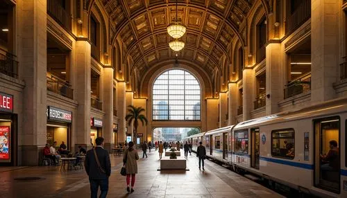 Grand metro station, Romanesque archways, ornate stonework, vaulted ceilings, intricate carvings, majestic columns, warm golden lighting, bustling pedestrian traffic, urban cityscape, modern transport