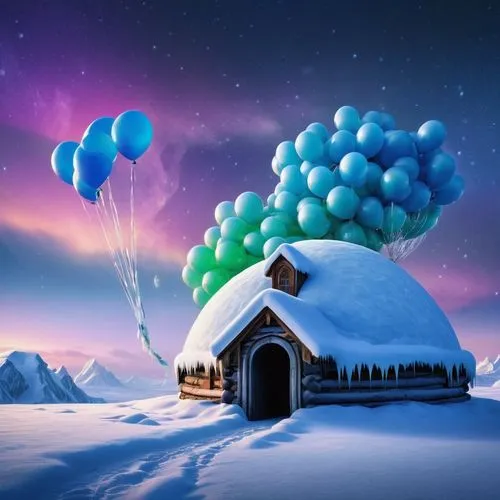 snowhotel,hot-air-balloon-valley-sky,blue balloons,snow house,winter house,star balloons,frozen bubble,winter background,igloo,colorful balloons,ice planet,snow shelter,christmas snowy background,north pole,blue heart balloons,hot air balloons,christmas landscape,snow roof,snow scene,winter dream,Conceptual Art,Fantasy,Fantasy 13