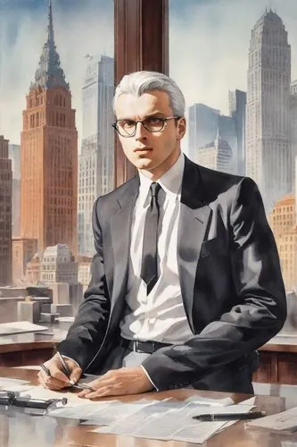  poster, post modern, 1950, white hair, glasses,the painting is of a man in a suit and tie sitting at a table,bordry,andropov,drebin,black businessman,christakis,zedillo,ackman,rodenstock,misdemeanors