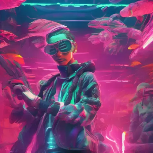 a young man in futuristic gadgets with a cell phone,pyro,cyber glasses,pyrotechnical,synth,vapor,cyber