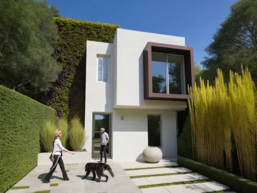 MURO SOLOR MORADO,the couple walks their dog out of the front door,garden elevation,cubic house,dunes house,landscaped,modern house,landscape design sydney