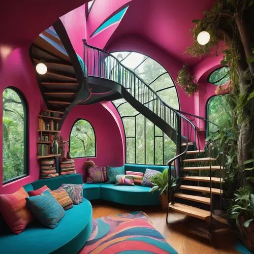 dreamhouse,tree house hotel,tropical house,spiral staircase,great room,spiral stairs,colorful spiral,interior design,tree house,winding staircase,staircases,staircase,beautiful home,tropical jungle,loft,treehouse,circular staircase,outside staircase,candyland,vibrant color,Illustration,Black and White,Black and White 20