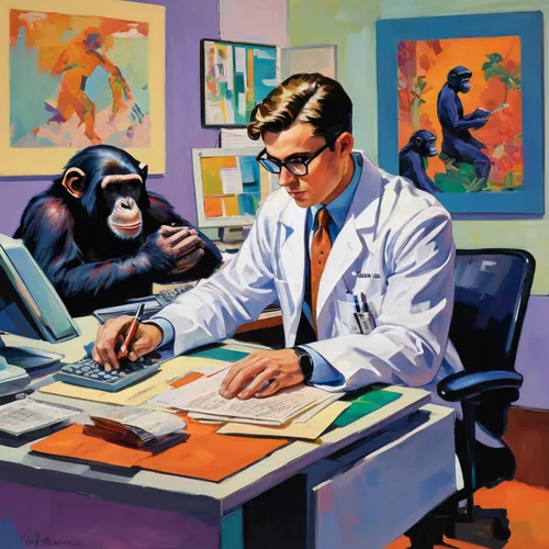 theoretician physician,cartoon doctor,veterinarian,medical icon,physician,great apes,pathologist,doctor,dental icons,dr,man with a computer,doctors,electronic medical record,veterinary,sci fiction illustration,the doctor,biologist,doctor's room,medical illustration,pharmacist,Conceptual Art,Oil color,Oil Color 25