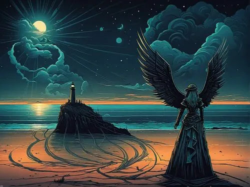 fantasy picture,fantasy art,archangels,black angel,sand art,anjo,Illustration,Realistic Fantasy,Realistic Fantasy 25