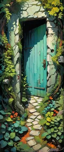 fairy door,garden door,cartoon video game background,tunnel of plants,studio ghibli,arrietty,Conceptual Art,Oil color,Oil Color 04