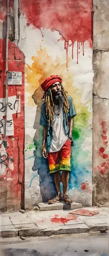 une aquarelle avec une grosse bordure naturel d'une rue de Jamaïque rouge et blanc avec un vieux mur en pierre avec un graffiti de rasta man integré dans le mur,street artist,street artists,urban stre