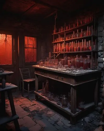 Gloomy abandoned laboratory, dark wooden tables, rusty metal equipment, shattered beakers, broken test tubes, dim red lighting, eerie fog, mysterious shadows, old stone walls, worn-out stairs, dusty w