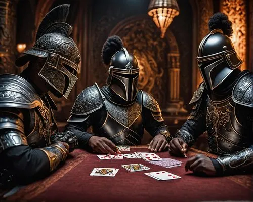 Three black-armored warriors sit around a table playing cards. One is a dark-skinned female, the other two are Caucasian men.,playing cards,card game,card games,play cards,suit of spades,playing card,