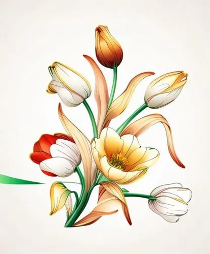 vector bezier curves illustration of flowers in natural colours on white background,flowers png,tulip background,tulip white,flower illustration,flower illustrative,tulipa,tulip flowers,tulip bouquet,