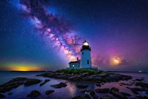 the milky way,milky way,lighthouse,astronomy,colorful stars,galaxy collision,aurora australis,milkyway,light house,astronomical,galaxy,starry night,astronomer,the night sky,light station,fairy galaxy,point lighthouse torch,star of the cape,nothern lights,cosmos,Illustration,Paper based,Paper Based 09