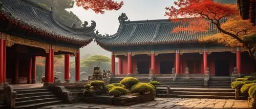 Ancient Chinese architecture, majestic temple, intricate carvings, curved eaves, upturned roof corners, vibrant red walls, golden ornaments, lanterns hanging from eaves, stone lions guarding entrance,