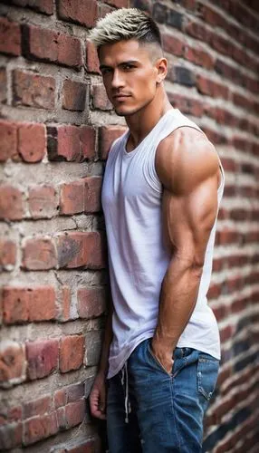 Muscular man, Shota, athletic build, short spiky hair, no glasses, subtle smile, casual wear, sleeveless shirt, ripped jeans, sneakers, leaning against, brick wall, urban setting, narrow alleyway, war