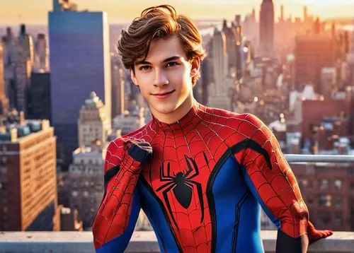 Spider-Man OC, male teenager, athletic build, red and blue costume, web-slinging gloves, messy brown hair, bright expressive eyes, determined facial expression, standing heroically, city rooftop, New 