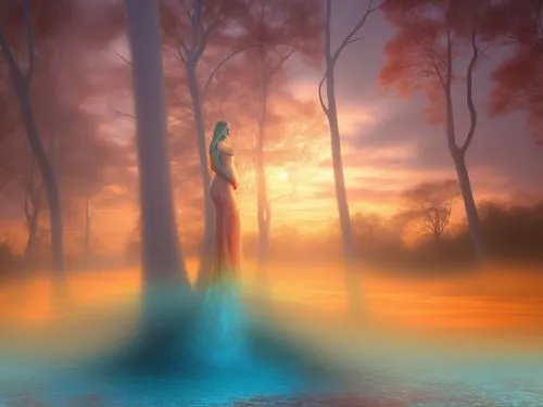 Beautiful pregnancy young womaan full nude very exotic and misty skyll ,the woman is standing on the edge of a pond,fantasy picture,sylphs,mystical,veil fog,ghost forest,light bearer,Illustration,Real