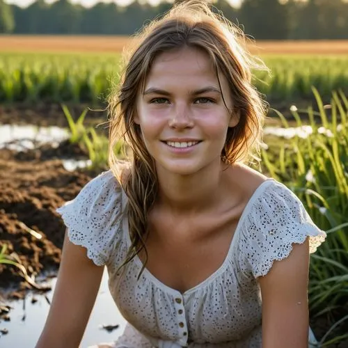 dress,farm girl,young woman,swamp,long hair,smiling,Photography,General,Realistic