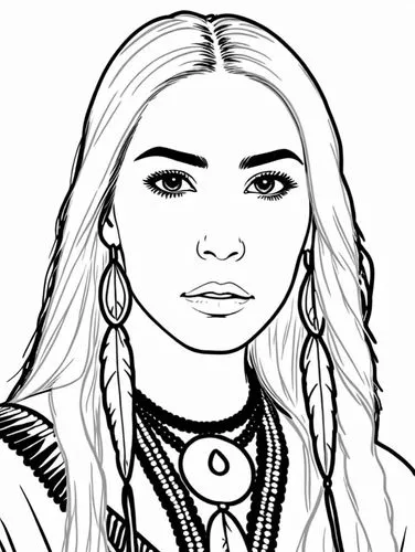 a drawing of a woman with earrings and a necklace,sacagawea,haudenosaunee,cherokee,coloring page,mosshart,akwesasne,Design Sketch,Design Sketch,Rough Outline