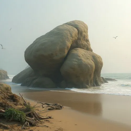 Sandstone blob, coastal scenery, bulbous structure, organic shape, rough textured surface, weathered erosion, moss-covered, ivy entwined, driftwood, sea spray, misty atmosphere, soft warm lighting, lo