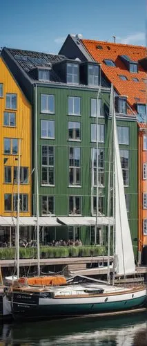 Copenhagen, modern architecture, Nordic design, sleek lines, minimalist facade, glass walls, steel beams, wooden accents, green roof, urban landscape, cityscape, Nyhavn harbour, colourful buildings, c