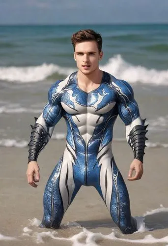 A mistake at the beach.
The guy put on a vinyl toy suit of a muscle shark. The suit features an athletic body with webbed fins and a tail. The skin is made of a vinyl that is blue,black and white in c