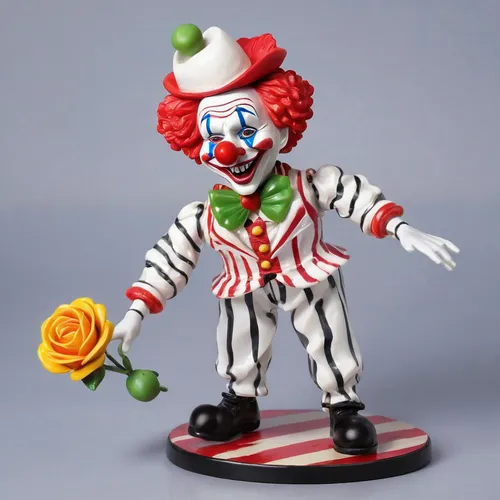 Picture a whimsical circus where a clown juggles wrinkled roses with a mischievous grin.,rodeo clown,ronald,creepy clown,horror clown,clown,scary clown,wind-up toy,it,3d figure,mcdonald,figurine,game 