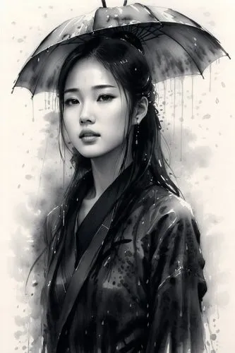 geisha girl,geisha,japanese woman,asian umbrella,japanese art,arhats,in the rain,ashina,daiyu,mulan,asian woman,xiaofei,zhiyuan,joseon,wuxia,world digital painting,digital painting,rainy,vietnamese woman,rainswept,Illustration,Paper based,Paper Based 30