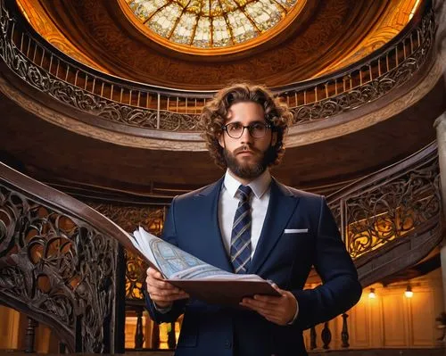 Art Nouveau architects, male, 30s, curly brown hair, thick beard, round glasses, suits, white shirt, tie, holding blueprints, standing, in front of grand staircase, ornate metal railing, lavish interi