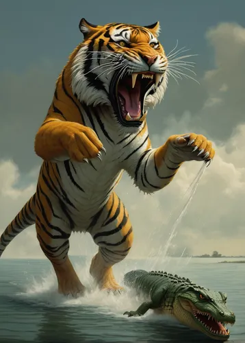 tigre terrassant un crocodile,a tiger,tigers,tiger cat,animals hunting,amurtiger,tiger,tigerle,bengal tiger,bengalenuhu,tiger shark,to roar,tiger png,blue tiger,world digital painting,predation,asian tiger,roaring,bengal,roar,Art,Artistic Painting,Artistic Painting 48