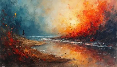 In a surrealist landscape, a canvas bursts with swirling colors. Sparks of rich brown, deep blue, and fiery red hues bring the canvas to life. The brushstrokes of the masterful artist are both lifelik