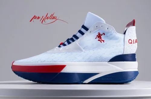 Battleknit upper sneaker with pebbled leather heel cap Qiaodan name logo, logo on vamp, all white, with red and navy accent color scheme , white and light blue sport sole,Kid's court shoe ,melos,ewing