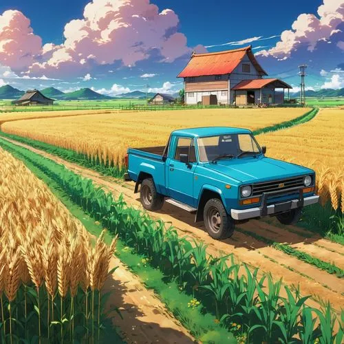 yamada's rice fields,lupini,agricultural scene,farm background,ghibli,wheat field,Illustration,Japanese style,Japanese Style 03