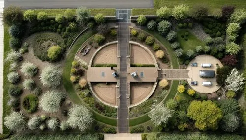 aerial view of a park from above,crematorium,highway roundabout,overhead view,bird's-eye view,ecovillages,view from above,europan,sewage treatment plant,roundabout,urban park,bird's eye view,terboven,