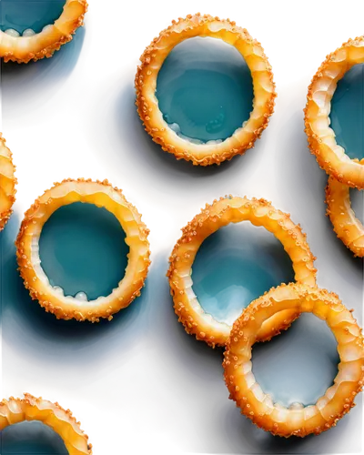 Golden onion rings, crispy texture, curved shape, separated individual pieces, translucent background, 3/4 composition, shallow depth of field, warm color tone, cinematic lighting, detailed realistic 